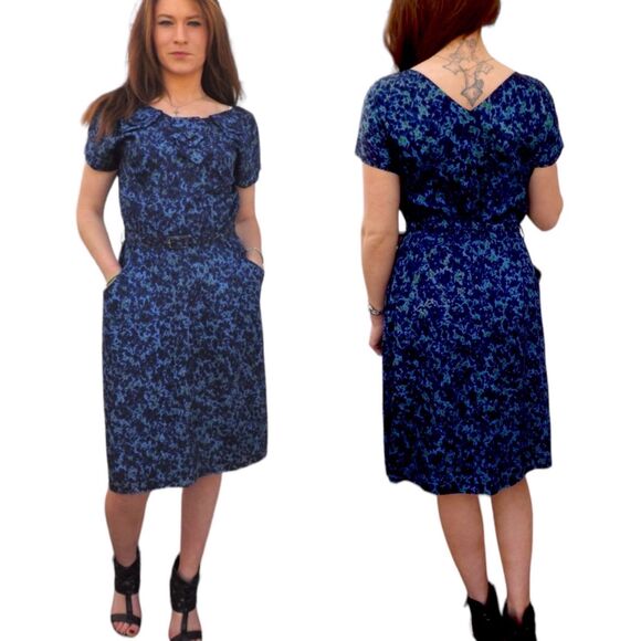 60s Blue Print Cocktail Dress with Jacket M S Vintage 1960s - Picture 1 of 9